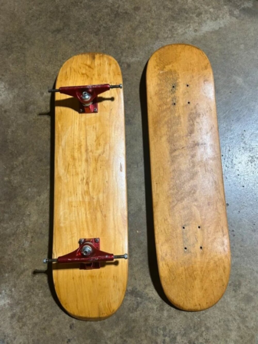 Lot of 2 Refurbished Skateboard Decks w/ Set of Red Venture Trucks and New Grip
